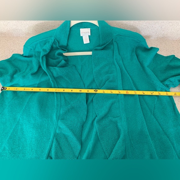 Chico’s Teal Ruffled Open Front Cardigan - sz 2 (L) - Picture 10 of 12